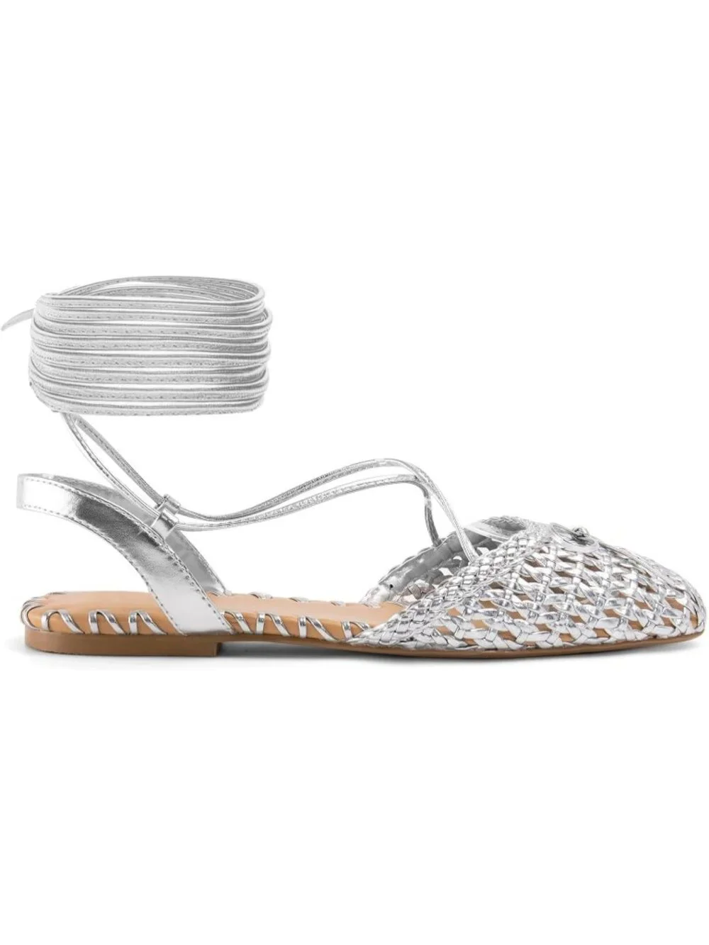 Women's Woven Silver Ballet Flats Lace Up Closed Square Toe Summer Dressy Sandal
